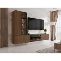MIRJAN24 Wohnwand Tiwori mit Kamin, (mit zwei Drehtüren und zwei Klappen), Weißer LED-Beleuchtung, Realistische LED-Flamme