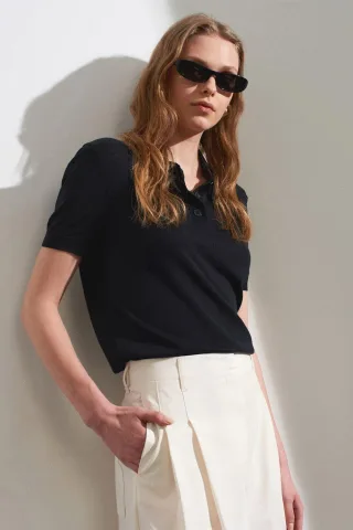 Damen Polokragen Knopfb blouse