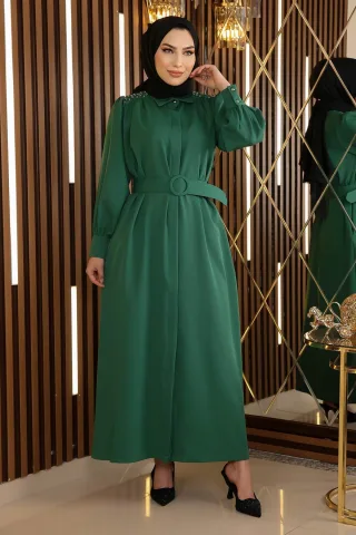 Stein Detailed Mit Gürtel Kleid Smaragdgrün