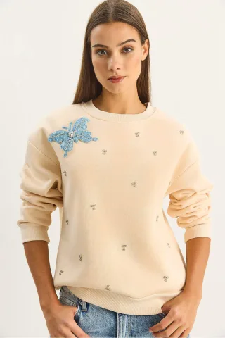 Bestickter Rundhals Langarm-Sweatshirt