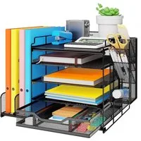 Refined Living Organizer Schreibtisch-Organizer, mit Schublade und 2 Stifthalter, 4-stöckig (Schreibtisch Organizer, 5-stufiger Papier Organizer mit Schublade und Stifthalter,mit vertikalen Aktenordnerhaltern, Büro Organizer, Schreibtisch Aufbewahrun