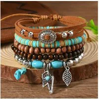 The Beauty House Armband Boho Vintage Armband 5er Set mit Perlen Leder und Anhängern, Ethno Hippie Schmuck für Festival Sommer Alltag