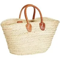 Marrakesch Orient & Mediterran Interior Korbtasche Ibiza Korbtasche Cestino modern aus Palmblatt und Leder in Natur 50 cm (1-tlg), Handarbeit / Echt Leder / Palmblätter