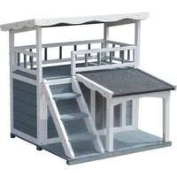 Dehner Tierbett Katzenhaus Maison Katzenhütte Outdoor, ca. 78 x 75 x 73 cm, grau/weiß, Hütte für Katzen aus robustem Tannenholz