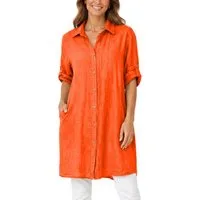 dy_mode Longbluse Damen Leinen Longbluse Sommer Hemdbluse Blusenkleid Luftige Tunika in Unifarbe, mit Knopfleiste