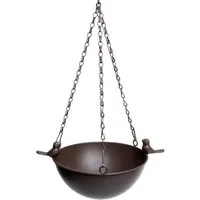 finehomegarden Vogeltränke Vogelbad „Piepmatz“ – Hängende Futterplatz aus Metall, Dunkelbraun, Gartendeko & Vogeltränke – ca. 20 x 28 x 13,5 cm + 46 cm Kette Garten