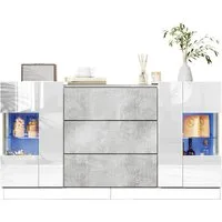 MODFU Sideboard mit großzügiger Stauraum (Kommode, Anrichte, Wohnzimmerschrank, 1 St., 2 Türen und 3 Schubladen), grauer Marmorlook und weißen Fronten, LED-Beleuchtung