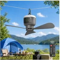 Rosnek Deckenventilator mit Beleuchtung, grau, tragbar, 4 Stufen, Fernbedienung,7-16h Laufzeit, 12000mAh, leise, für Zelt, Pavillon, Terrasse, Wohnmobil & Büro