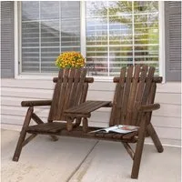 Outsunny Gartenstuhl 2-Sitzer Bank mit Tisch, bis 150 kg pro Sitz (Holzbank, 1 St), für Garten, Braun