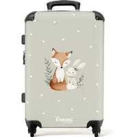 NoBoringSuitcases.com© Kinderkoffer mit leuchtende Räder - Fuchs und Kaninchen umgeben von grünen Blättern, 4 Rollen, Mittelgroßer Reisetasche mit Rollen für 20kg, Kinderkoffer