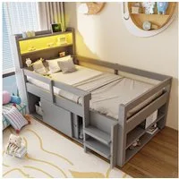 Flieks Kinderbett, Halbhochbett 90x200cm, Schrank mit Schiebetüren, LED-Leiste & Aufladen