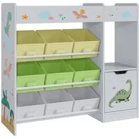 en.casa Kinderregal, »Søndreland« mit 9 Faltboxen mit Dinosaurier Motiv