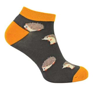 Herren Bambus-Trainersocken | Herr Heron | Tier Thema atmungsaktiv Low Cut Sneaker Socken - Igel (grau)