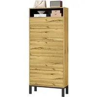 Refined Living Schuhschrank Schuhschrank hoch schmal, 3 Klappen, Naturholz, 147 cm (Schuhkipper, Schuhregal, 63×24×147 cm, MDF, Naturholzoptik, 3 Klappen, offene Ablagefächer, schlankes Hochformat, Eisenbeine, moderne, skandinavisch-japanischer Stil,