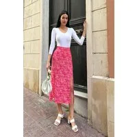 For You Moda Midirock Natürliche Viskose Doppel-Schlitz Fuchsia Rock