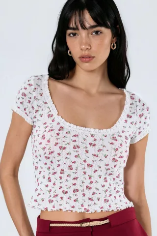 Blumen-U-Ausschnitt Rüschenbluse