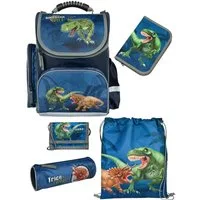 Familando Schulranzen CLOU Schultasche 1.-4. Klasse ergonomisch, leicht, Volumen 15 Liter (Grund-Set, 5-tlg., mit Federmappe, Schlamper, Turn- und Geldbeutel), Dino T-Rex Dinosaurier Motiv