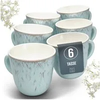 PURE LIVING INTERIOR DESIGN Geschirr-Set Pure Living Becher 6er 460ml »Ibiza«, Steingut, Blau-Beige, 6 Personen, Steingut, Mediterrane Handwerksoptik, Reaktive Glasur – jedes Stück einzigartig…