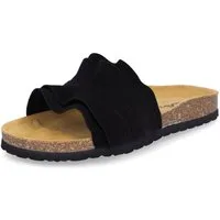MIDS MIRABEL Damen Pantolette schwarz aus Velourleder mit Rüschenriemen, Lederfußbett & Korksohle