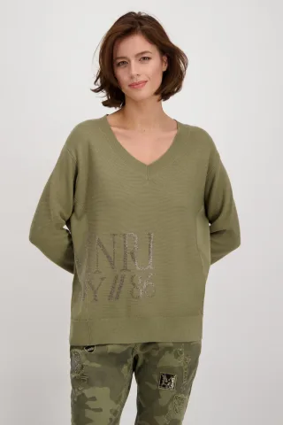 monari - Leichter Strick Pullover mit V-Ausschnitt und Strass forest - Gr. - 44