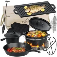HOMELUX Topf-Set 10/12-tlg. Dutch Oven Set in Holzkiste Kochtopf Grillplatte Stieltopf, Gusseisen (Set, 10-tlg., Handschuhe, Stapelrost, Ringreiniger, Deckelheber), Gusseisen, vorgebacken, Hitzebeständig bis 280 °C