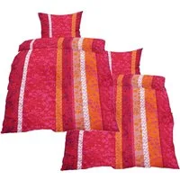 KH-Haushaltshandel Bettwäsche 4-tlg. Baumwoll Seersucker Bettwäsche 2x(135x200 +80x80 cm), Seersucker, 4 teilig, rot orange, längs gestreift, Baumwolle, bügelfrei