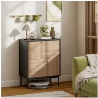 HOMCOM Sideboard mit Push-to-Open-Türen, Metallbeine (Kommode, 1 St., Aufbewahrungsschrank), für Küche, Esszimmer, Wohnzimmer, Schwarz+Naturholz