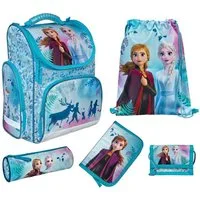 Familando Schulranzen Clou Schultasche Frozen Die Eiskönigin, blau - ab 1. Klasse (Grund-Set, 5-tlg., mit Federmappe, Turn- & Geldbeutel), mit Anna und Elsa