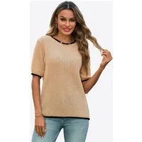 Imily Bela Kurzarmpullover Damen Kurzarm Strickpullover mit Puffärmeln Rundhals Sommer (Packung, 1-tlg., 1per-Pack) mit Kontrastborten gehäkelt