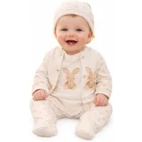 La Bortini Strampler, Jäckchen & Mütze Stramplerhose Hemdchen Mützchen Baby Anzug mit Hasen (3-teilig, für Jungen und Mädchen, unisex, Erstlingsset für Neugeborene) aus reiner Baumwolle, in Creme 44 50 56 62 68 74