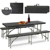 Sekey Bierzeltgarnitur 3-teilig Bierzeltgarnitur Klappbar Tragegriff 180cm Gartenmöbel, (3-tlg), 180cm Bierbänke und 2 Bierbänke, mit Holz und Rattan-Optik, Wetterfest