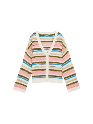 Denim Tom Tailor - Relaxed Fit Cardigan mit Lochmuster off white olive pink stripe - Gr. - XS