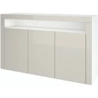 Vladon Sideboard Valencia (Sideboard, mit 3 Türen und 1 offenem Fach), Weiß matt/Sandgrau Hochglanz/Sandgrau Hochglanz (155 x 92 x 40 cm)
