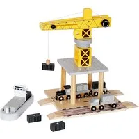TikTakToo Spielzeug-Kran Baustellen-Set mit Kran aus Holz, (mit LKW, Lok, Waggons, Containern etc), mit Gleisanschlüssen für Holzeisenbahnen