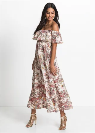 bonprix Carmen-Kleid aus fließender Viskose, beige, Gr.34, Charmantes Carmen-Kleid mit großem Volant und betonter Taille, aus Viskose