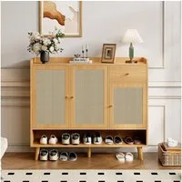 REDOM Schuhschrank aus natürlichem Rattan (Viel Stauraum mit 3 Türen, Schublade & 5 Regalböden, magnetische Türen & kindersicher, stilvoll im natürlichen Look, 1-St., 120 × 35 × 106 cm (B × T × H)