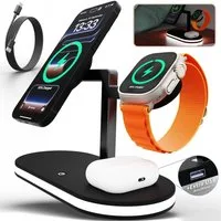 GreenHec Ladestation iPhone Apple Watch Induktiv LED-Licht Wireless MagSafe für Wireless Charger (3000 mA, Spar-Set, 3in1 PowerBase + USB-C Kabel + 20w Dual Charger, iPhone 17 16 15 14 13 12 Pro Max Air Plus Charger Induktionsladegerät)