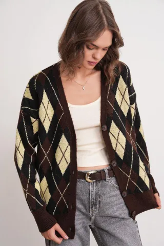 Oversize Argyle V-Ausschnitt Knopf-Cardigan