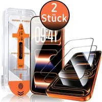 TK-Handel Displayschutzfolie panzerglas 9H Montagehilfe Schutzglas Schutzfolie Glas Folie für iPhone 14 Pro Max, Displayschutzfolie, Displayschutz, Hartglas, Displayfolie, screen Protector, display, Echt Glas, 9H gehärtet, Handyschutz, full cover, 2 