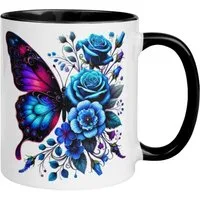 Momentals Tasse Schmetterling – „Blaues Blütendesign“ – Geschenk mit Schmetterlingen, Gratis Versand · Links-&Rechtshänder · Spülmaschinenfest