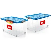 BigDean Aufbewahrungsbox 60 L mit Deckel groß – robuste Stapelbox rollbar mit Klickverschlüssen (Set, 2 St., Aufbewahrungsbox + Deckel + Rollen), Sicher Stapelbar, Platzsparend, Transparent, Rollen, Klickverschlüsse