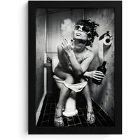 MuchoWow Poster Frau - Vintage - Lockenwickler - Toilette - Zigarette, (1 St), Bilderrahmen, Zimmer Deko, Bild für Wohnzimmer, 20x30 cm