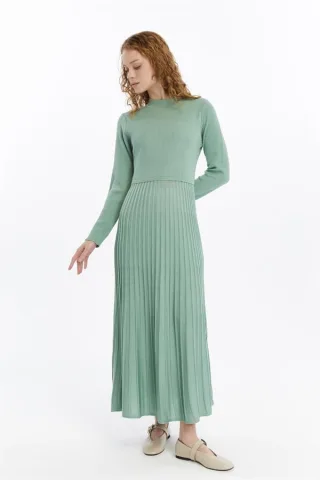 Damen Falten Rock, Thin Seasonal Cold Yarn Strickwaren Kleid, Almond Grün
