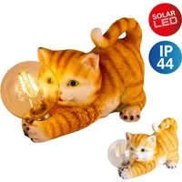 näve LED Solarleuchte Katze, LED fest integriert, Warmweiß, süße gestreifte Katze mit beleuchteter Kugel und warmweißem Licht