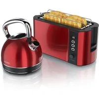 Arendo Frühstücks-Set Edelstahl Wasserkocher 1,7l, 4-Scheiben Langschlitz Toaster, rot (2-tlg), Frühstücksset, Wasserkocher Retro, 2200W, Toaster Brötchenaufsatz