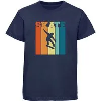 MyDesign24 T-Shirt Kinder Print Shirt Skateboarder vor Retro Farben und Skate Schriftzug Bedrucktes Jungen und Mädchen Skater T-Shirt i546