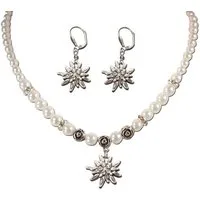 Alpenflüstern Ketten-Set Trachtenschmuck-Set Perlen-Trachtenkette und Trachten-Ohrhänger Strass-Edelweiß (creme-weiß), - Damen-Trachten-Schmuck, Trachtenset Dirndl-Kette und Trachten-Ohrringe