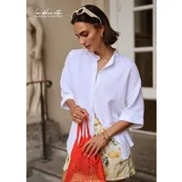 SASSYCLASSY Langarmbluse Musselin Bluse mit halblangen Ärmeln Damen Lässige Baumwollbluse mit Stehkragen und Ärmelumschlag Weiß