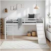 Homestyle4u Hochbett 90x200 Kinderbett Rausfallschutz Grau/Weiß Kinder Leiter Treppe (Set, mit Rutsche, ohne Vorhang, Spielbett) Kiefer, Jungen Mädchen