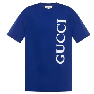 Gucci grosses vertikales Markenlogo, normale Passform, blaues T-Shirt